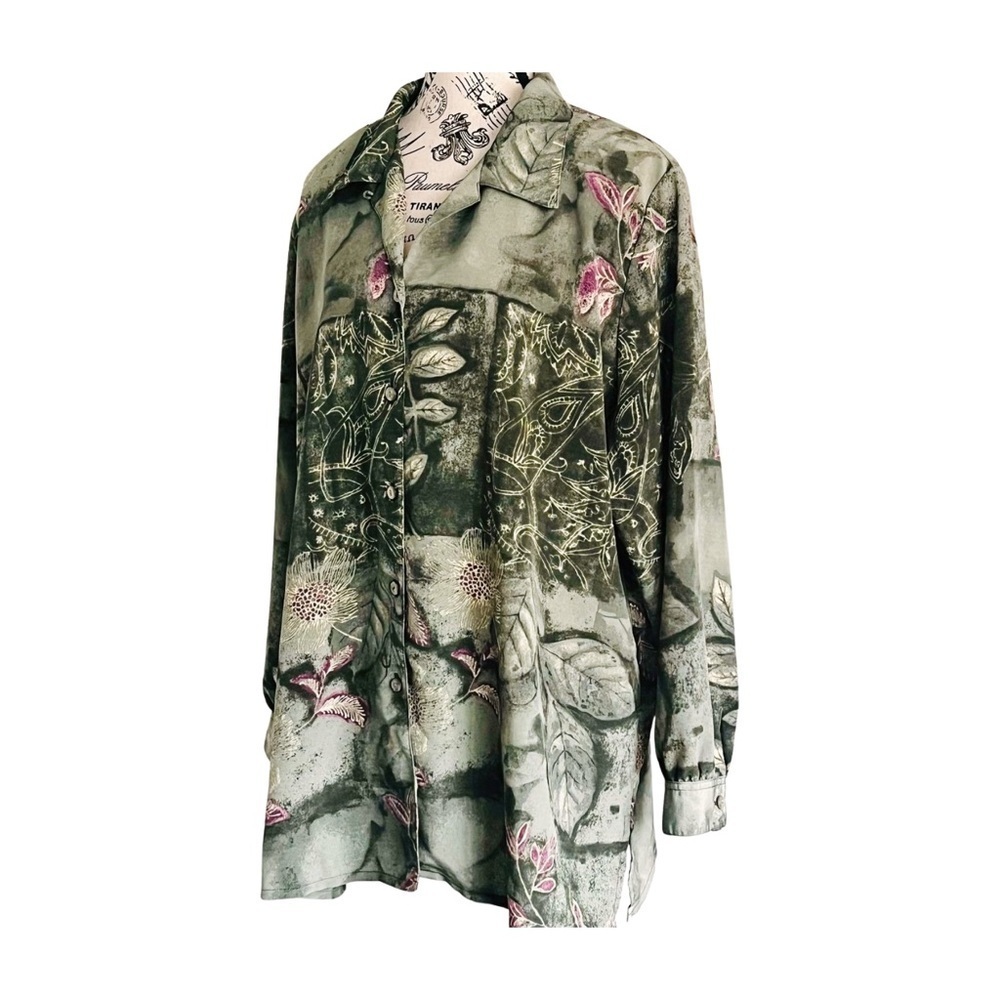 Vintage Tanjay Green Purple Floral Plants Button Down Shirt Ethereal Garden 20W - Picture 3 of 7